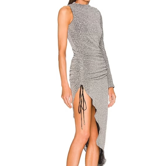 NWT REVOLVE silver one sleeve midi dress - Picture 3 of 7